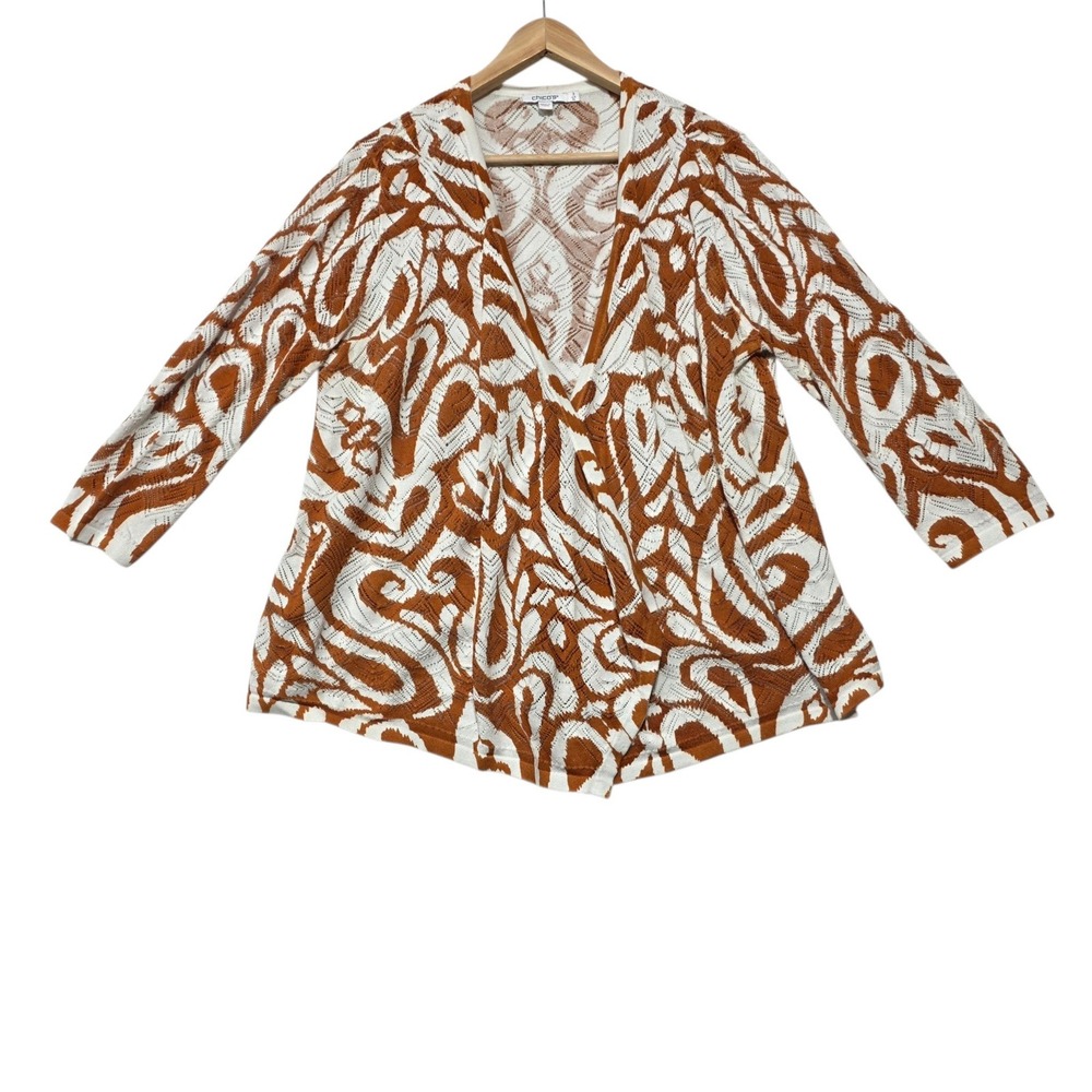 Chico's Orange White Paisley Knit Cardigan Women XL Cotton Rayon Open Front